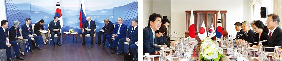 문재인 대통령이 일본, 러시아 정상과 만나 회담을 하고 있다.[사진=청와대]