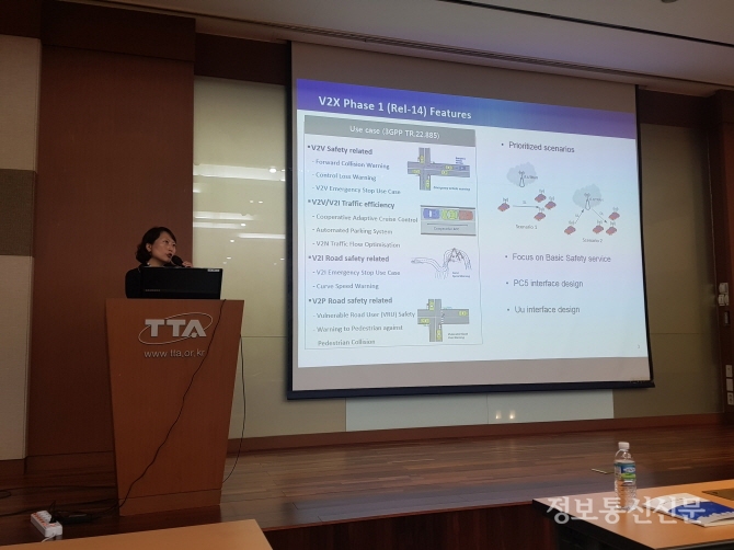 한국정보통신기술협회(TTA)가 개최한 '차량 ICT 표준 및 개발 세미나'에서 강현정 삼성전자 수석이 'C-V2X 글로벌 동향'이라는 주제로 발표하고 있다.