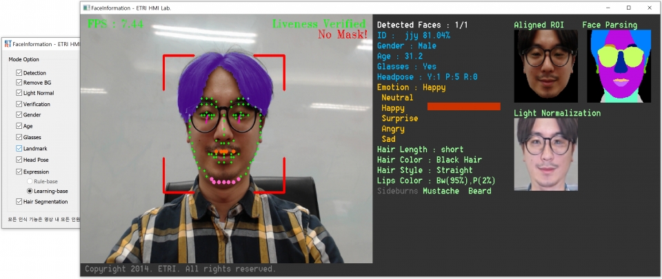 연구진이 개발한 AI 기반 얼굴정보 인식 기술로 실시간 화면 이미지에서 맞춤형 시각정보를 추출하는 모습. [사진=ETRI]