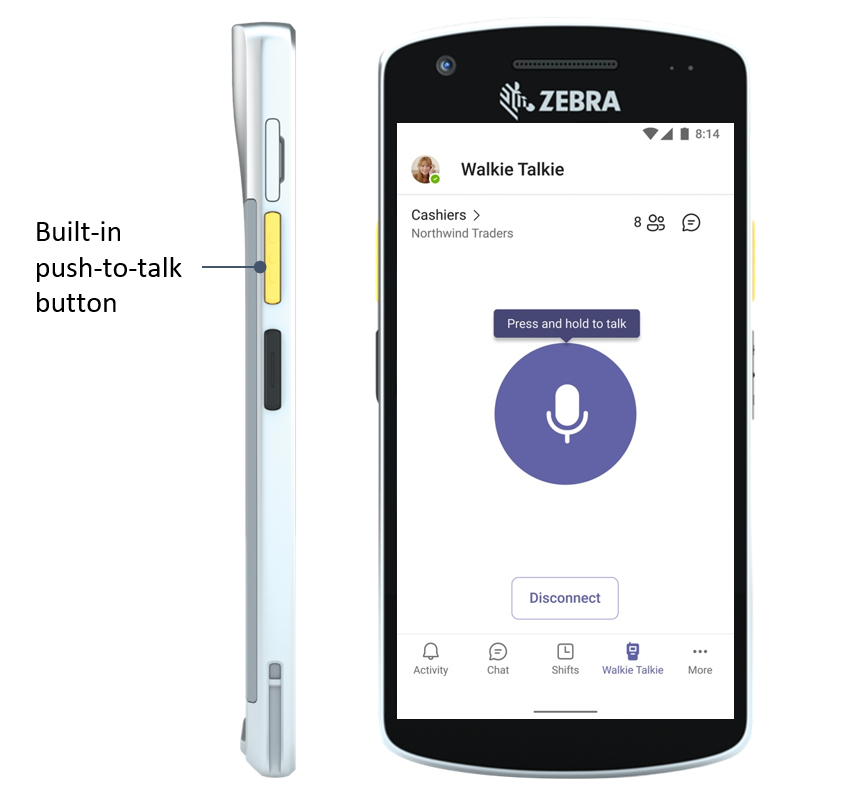 지브라 휴대용 컴퓨터에서 구동되는 ‘팀즈 워키토키 앱(왼쪽)’과 팀즈에서 학습 콘텐츠를 검색하고 공유할 수 있는 ‘비바 러닝 앱(오른쪽)’ [사진=한국MS]