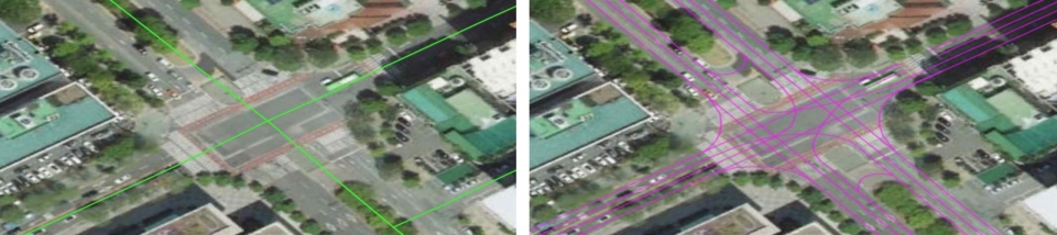 도로 단위로 교통정보를 제공하는 기존 맵(왼쪽)과 달리 HD맵은 차선 단위의 교통서비스를 실현할 수 있다. [사진=국토지리정보원]