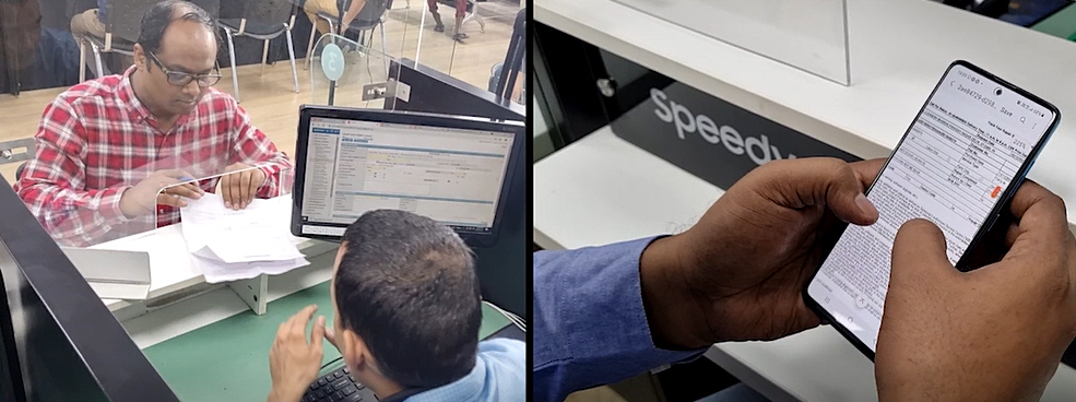 삼성전자 인도 서비스센터에서 고객이 서비스 내역을 종이문서로 받는(사진 왼쪽) 기존 방식 대신 스마트폰 전자문서로 확인하고 있다(사진 오른쪽). [사진=삼성전자]