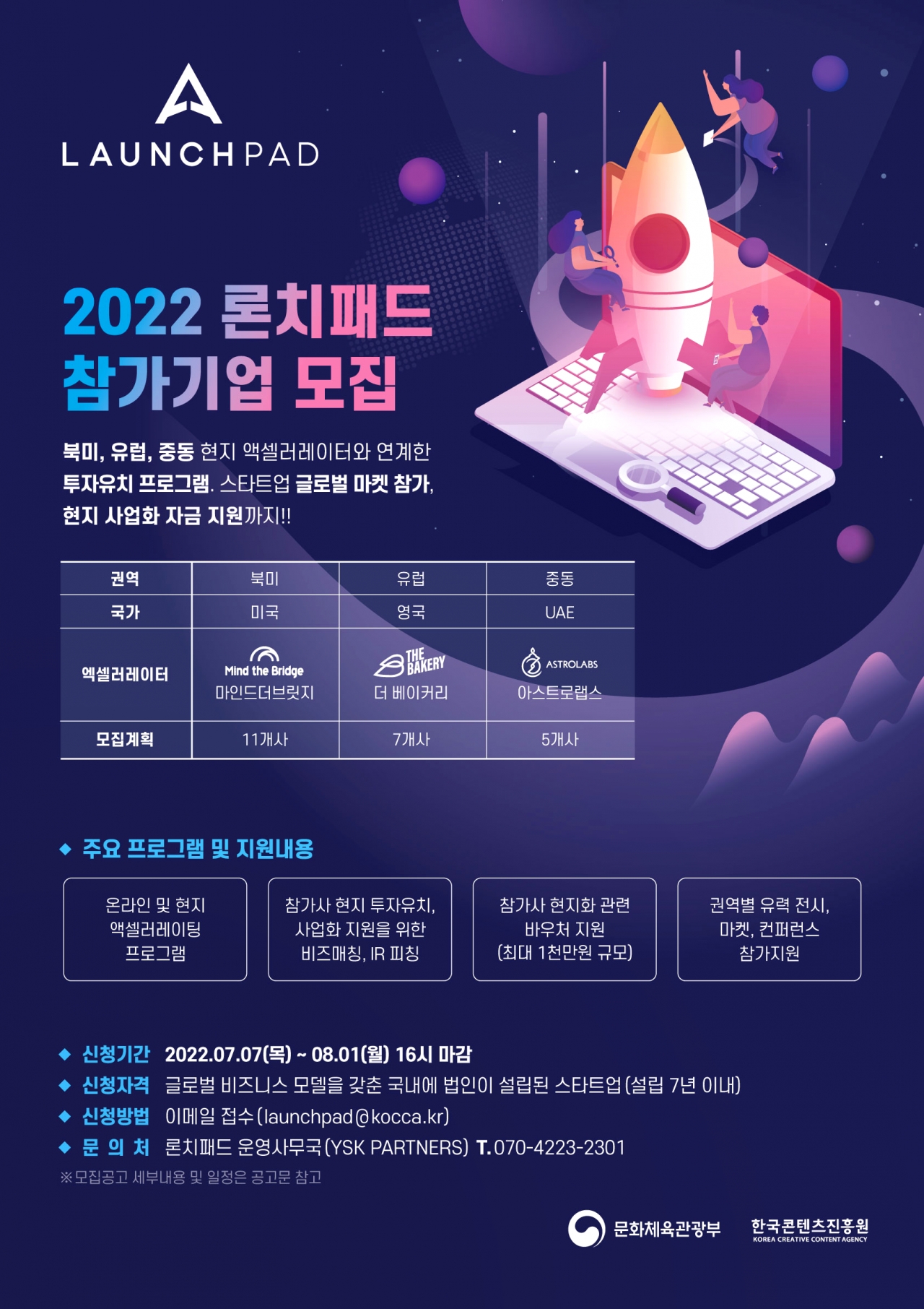 2022 론치패드 북미·유럽·중동 참가사 모집 포스터. [자료=한국콘텐츠진흥원]