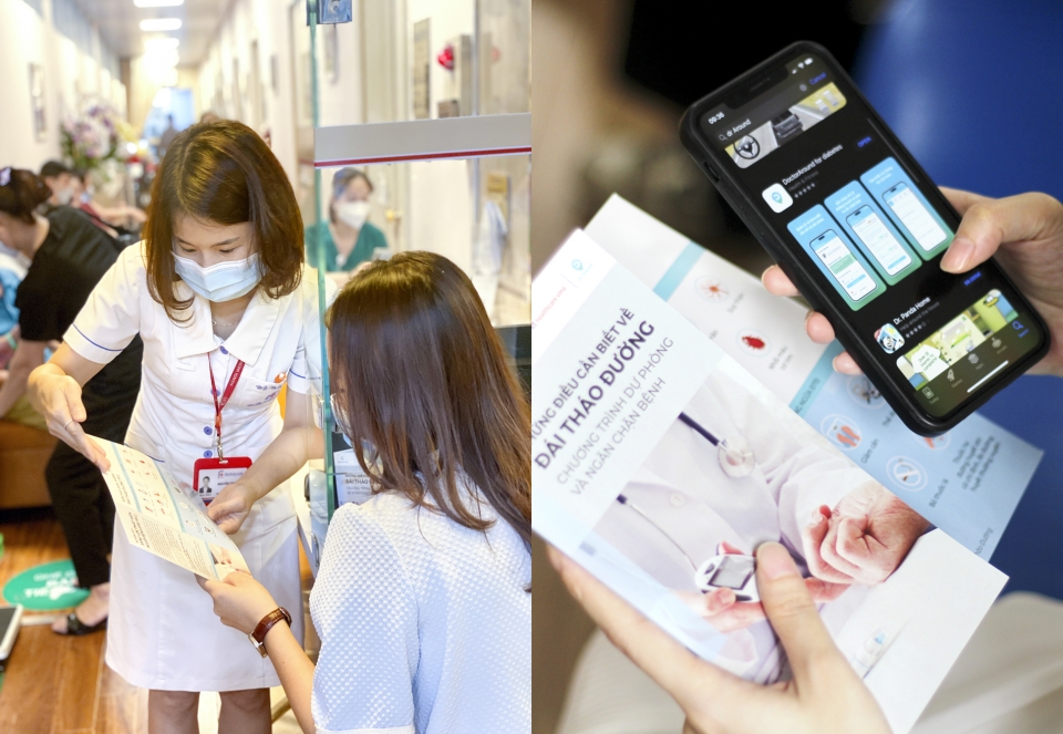 베트남 하노이의대병원에서 의료진이 KT의 비대면 케어 서비스 앱 ‘닥터어라운드’ 사용법을 환자들에게 설명하고 있다.