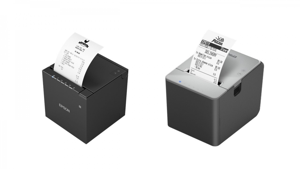 모바일 POS용 영수증 프린터 ‘TM-m30Ⅲ’(왼쪽), 영수증 겸용 라이너 프리 라벨 프린터 ‘TM-L100’(오른쪽)