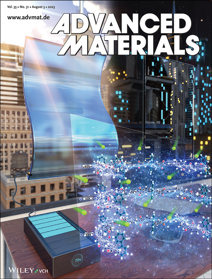 Advanced Materials Inside Cover (8월호) 표지. 스마트 창문으로 활용 가능한 투명 아연이온 유연전지 이미지다. [출처=KAIST]